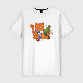 Мужская футболка премиум с принтом Довольный кот с бутылкой в Тюмени, 92% хлопок, 8% лайкра | приталенный силуэт, круглый вырез ворота, длина до линии бедра, короткий рукав | Тематика изображения на принте: 