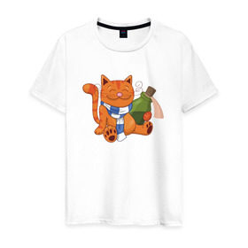 Мужская футболка хлопок с принтом Довольный кот с бутылкой в Тюмени, 100% хлопок | прямой крой, круглый вырез горловины, длина до линии бедер, слегка спущенное плечо. | Тематика изображения на принте: 