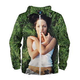Мужская ветровка 3D с принтом Джоли Анджелина в Тюмени, 100% полиэстер | подол и капюшон оформлены резинкой с фиксаторами, два кармана без застежек по бокам, один потайной карман на груди | анджелина | девушка | джоли | лежит | тату