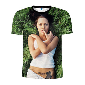 Мужская футболка 3D спортивная с принтом Джоли Анджелина в Тюмени, 100% полиэстер с улучшенными характеристиками | приталенный силуэт, круглая горловина, широкие плечи, сужается к линии бедра | анджелина | девушка | джоли | лежит | тату