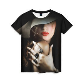 Женская футболка 3D с принтом Загадочная девушка в Тюмени, 100% полиэфир ( синтетическое хлопкоподобное полотно) | прямой крой, круглый вырез горловины, длина до линии бедер | губы | девушка | загадочная | перстни | шляпа