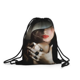 Рюкзак-мешок 3D с принтом Загадочная девушка в Тюмени, 100% полиэстер | плотность ткани — 200 г/м2, размер — 35 х 45 см; лямки — толстые шнурки, застежка на шнуровке, без карманов и подкладки | губы | девушка | загадочная | перстни | шляпа