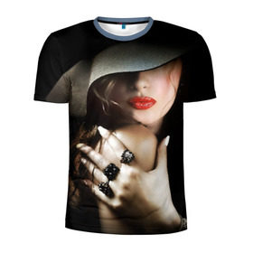 Мужская футболка 3D спортивная с принтом Загадочная девушка в Тюмени, 100% полиэстер с улучшенными характеристиками | приталенный силуэт, круглая горловина, широкие плечи, сужается к линии бедра | губы | девушка | загадочная | перстни | шляпа