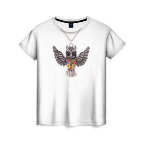 Женская футболка 3D с принтом Золотая сова в Тюмени, 100% полиэфир ( синтетическое хлопкоподобное полотно) | прямой крой, круглый вырез горловины, длина до линии бедер | крылья | сова
