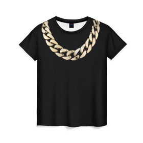 Женская футболка 3D с принтом Золотая цепь в Тюмени, 100% полиэфир ( синтетическое хлопкоподобное полотно) | прямой крой, круглый вырез горловины, длина до линии бедер | драгоценность | золотая цепь | золото | украшение | фон | черный