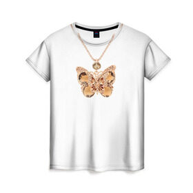 Женская футболка 3D с принтом Золотая бабочка в Тюмени, 100% полиэфир ( синтетическое хлопкоподобное полотно) | прямой крой, круглый вырез горловины, длина до линии бедер | бабочка