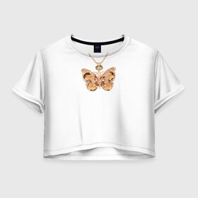 Женская футболка 3D укороченная с принтом Золотая бабочка в Тюмени, 100% полиэстер | круглая горловина, длина футболки до линии талии, рукава с отворотами | бабочка