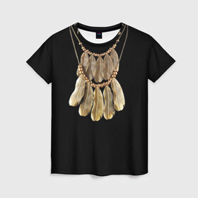 Женская футболка 3D с принтом Золотые перья в Тюмени, 100% полиэфир ( синтетическое хлопкоподобное полотно) | прямой крой, круглый вырез горловины, длина до линии бедер | бусы | драгоценность | золото | золотые перья | украшение | цепь