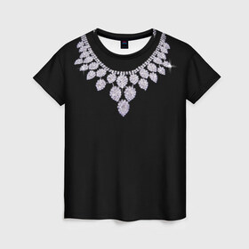 Женская футболка 3D с принтом Бриллиантовое ожерелье в Тюмени, 100% полиэфир ( синтетическое хлопкоподобное полотно) | прямой крой, круглый вырез горловины, длина до линии бедер | бриллианты | драгоценность | золотое ожерелье | камни | лепестки | цепь