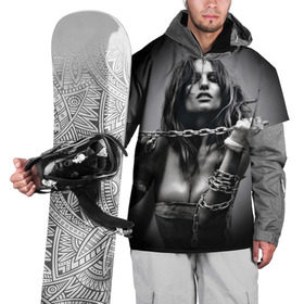 Накидка на куртку 3D с принтом Девушка с цепью в Тюмени, 100% полиэстер |  | Тематика изображения на принте: брюнетка | взгляд | грудь | девушка | красота | сила | спорт | страсть | фото | цепь | черно белое