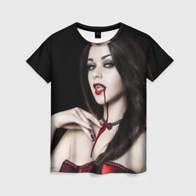 Женская футболка 3D с принтом Девушка вампир в Тюмени, 100% полиэфир ( синтетическое хлопкоподобное полотно) | прямой крой, круглый вырез горловины, длина до линии бедер | кровь