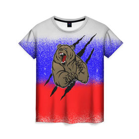 Женская футболка 3D с принтом Свирепый медведь в Тюмени, 100% полиэфир ( синтетическое хлопкоподобное полотно) | прямой крой, круглый вырез горловины, длина до линии бедер | русь