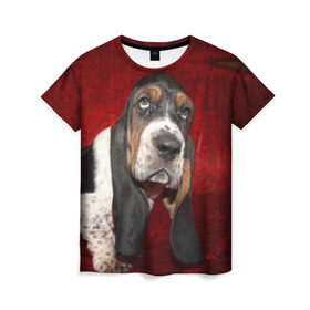 Женская футболка 3D с принтом Бассет-хаунд в Тюмени, 100% полиэфир ( синтетическое хлопкоподобное полотно) | прямой крой, круглый вырез горловины, длина до линии бедер | бархат | бассет хаунд | взгляд | домашнее | животное | порода | собака | уши