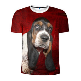 Мужская футболка 3D спортивная с принтом Бассет-хаунд в Тюмени, 100% полиэстер с улучшенными характеристиками | приталенный силуэт, круглая горловина, широкие плечи, сужается к линии бедра | бархат | бассет хаунд | взгляд | домашнее | животное | порода | собака | уши
