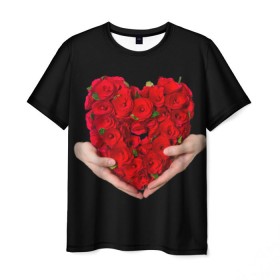 Мужская футболка 3D с принтом Сердце в руках в Тюмени, 100% полиэфир | прямой крой, круглый вырез горловины, длина до линии бедер | 8 марта | любовь | подарок | праздник | розы | руки | сердце