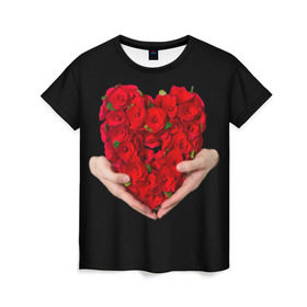 Женская футболка 3D с принтом Сердце в руках в Тюмени, 100% полиэфир ( синтетическое хлопкоподобное полотно) | прямой крой, круглый вырез горловины, длина до линии бедер | 8 марта | любовь | подарок | праздник | розы | руки | сердце