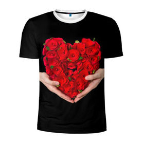 Мужская футболка 3D спортивная с принтом Сердце в руках в Тюмени, 100% полиэстер с улучшенными характеристиками | приталенный силуэт, круглая горловина, широкие плечи, сужается к линии бедра | 8 марта | любовь | подарок | праздник | розы | руки | сердце
