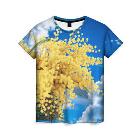 Женская футболка 3D с принтом Мимозы в Тюмени, 100% полиэфир ( синтетическое хлопкоподобное полотно) | прямой крой, круглый вырез горловины, длина до линии бедер | 8 марта | весна | мимозы | небо | облака | цветы