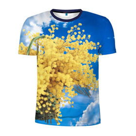 Мужская футболка 3D спортивная с принтом Мимозы в Тюмени, 100% полиэстер с улучшенными характеристиками | приталенный силуэт, круглая горловина, широкие плечи, сужается к линии бедра | 8 марта | весна | мимозы | небо | облака | цветы