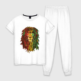 Женская пижама хлопок с принтом Раста лев в Тюмени, 100% хлопок | брюки и футболка прямого кроя, без карманов, на брюках мягкая резинка на поясе и по низу штанин | джа | регги