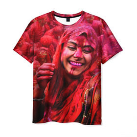 Мужская футболка 3D с принтом Фестиваль красок Холи в Тюмени, 100% полиэфир | прямой крой, круглый вырез горловины, длина до линии бедер | Тематика изображения на принте: festival | festival of colors | holi | весны | девушка | индия | индуистский фестиваль | красная | красок | холи