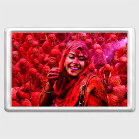 Магнит 45*70 с принтом Фестиваль красок Холи в Тюмени, Пластик | Размер: 78*52 мм; Размер печати: 70*45 | festival | festival of colors | holi | весны | девушка | индия | индуистский фестиваль | красная | красок | холи