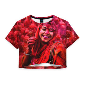 Женская футболка 3D укороченная с принтом Фестиваль красок Холи в Тюмени, 100% полиэстер | круглая горловина, длина футболки до линии талии, рукава с отворотами | festival | festival of colors | holi | весны | девушка | индия | индуистский фестиваль | красная | красок | холи