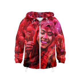 Детская ветровка 3D с принтом Фестиваль красок Холи в Тюмени, 100% полиэстер | подол и капюшон оформлены резинкой с фиксаторами, по бокам два кармана без застежек, один потайной карман на груди | festival | festival of colors | holi | весны | девушка | индия | индуистский фестиваль | красная | красок | холи
