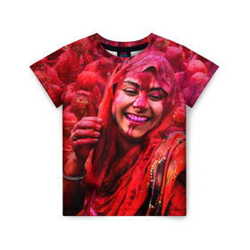Детская футболка 3D с принтом Фестиваль красок Холи в Тюмени, 100% гипоаллергенный полиэфир | прямой крой, круглый вырез горловины, длина до линии бедер, чуть спущенное плечо, ткань немного тянется | festival | festival of colors | holi | весны | девушка | индия | индуистский фестиваль | красная | красок | холи