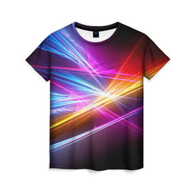 Женская футболка 3D с принтом Лучи в Тюмени, 100% полиэфир ( синтетическое хлопкоподобное полотно) | прямой крой, круглый вырез горловины, длина до линии бедер | кислотный | лучи | обстракция | радуга | свет | спектр | цвет | цвета | яркие