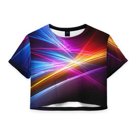 Женская футболка 3D укороченная с принтом Лучи в Тюмени, 100% полиэстер | круглая горловина, длина футболки до линии талии, рукава с отворотами | Тематика изображения на принте: кислотный | лучи | обстракция | радуга | свет | спектр | цвет | цвета | яркие