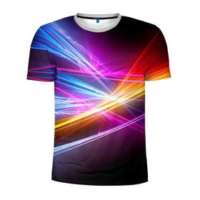 Мужская футболка 3D спортивная с принтом Лучи в Тюмени, 100% полиэстер с улучшенными характеристиками | приталенный силуэт, круглая горловина, широкие плечи, сужается к линии бедра | Тематика изображения на принте: кислотный | лучи | обстракция | радуга | свет | спектр | цвет | цвета | яркие