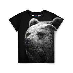 Детская футболка 3D с принтом Медведь в Тюмени, 100% гипоаллергенный полиэфир | прямой крой, круглый вырез горловины, длина до линии бедер, чуть спущенное плечо, ткань немного тянется | Тематика изображения на принте: бурый | дикий | животное | медведь | россия | символ | тайги | фото | хищник | хозяин | черно белое