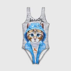 Детский купальник 3D с принтом Модная киска в Тюмени, Полиэстер 85%, Спандекс 15% | Слитный крой, подклад по переду изделия, узкие бретели | baby | beauty | cat | ketty | sweet | девушке | киска | кошка | мода | модная | сладкая | чика