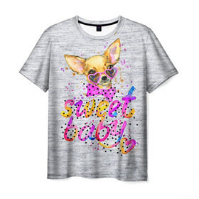 Мужская футболка 3D с принтом милая Чихуахуа в Тюмени, 100% полиэфир | прямой крой, круглый вырез горловины, длина до линии бедер | baby | dog | sweet | девушке | собачка | чихуахуа