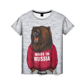 Женская футболка 3D с принтом made in Russia в Тюмени, 100% полиэфир ( синтетическое хлопкоподобное полотно) | прямой крой, круглый вырез горловины, длина до линии бедер | bear | made | made in russia | russia | злой | медведь | пасть | русский | я | я русский