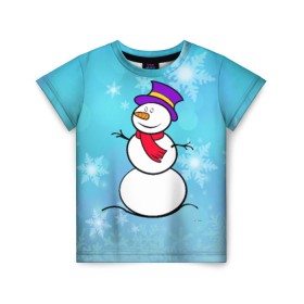 Детская футболка 3D с принтом Снеговик в Тюмени, 100% гипоаллергенный полиэфир | прямой крой, круглый вырез горловины, длина до линии бедер, чуть спущенное плечо, ткань немного тянется | новый год | снеговик