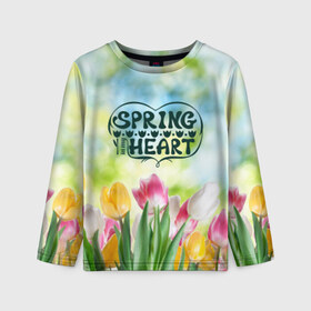 Детский лонгслив 3D с принтом Весна в моем сердце в Тюмени, 100% полиэстер | длинные рукава, круглый вырез горловины, полуприлегающий силуэт
 | heart | весенний макет с тюльпанами поднимет настроение вам и окружающимspring | весна | сердце | тюльпан | цветы