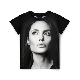 Детская футболка 3D с принтом Анжелина Джоли в Тюмени, 100% гипоаллергенный полиэфир | прямой крой, круглый вырез горловины, длина до линии бедер, чуть спущенное плечо, ткань немного тянется | angelina jolie | американская актриса | анжелина джоли | режиссёр | фотомодель | ценарист