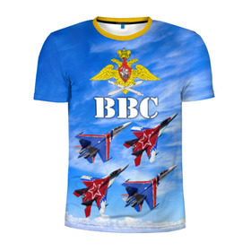 Мужская футболка 3D спортивная с принтом ВВС России в Тюмени, 100% полиэстер с улучшенными характеристиками | приталенный силуэт, круглая горловина, широкие плечи, сужается к линии бедра | авиация | ввс | день ввс | небо | россия | самолёты