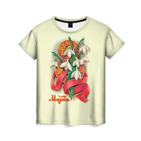 Женская футболка 3D с принтом Подснежники в Тюмени, 100% полиэфир ( синтетическое хлопкоподобное полотно) | прямой крой, круглый вырез горловины, длина до линии бедер | Тематика изображения на принте: 8 марта | женский | международный | подарок | подснежники | цветы