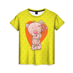 Женская футболка 3D с принтом Мишка с цветочками в Тюмени, 100% полиэфир ( синтетическое хлопкоподобное полотно) | прямой крой, круглый вырез горловины, длина до линии бедер | 8марта | весна | девушкам | милый | мишка | подарок | цветок