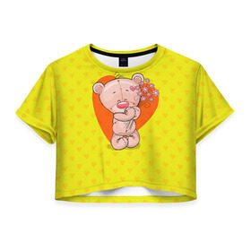 Женская футболка 3D укороченная с принтом Мишка с цветочками в Тюмени, 100% полиэстер | круглая горловина, длина футболки до линии талии, рукава с отворотами | 8марта | весна | девушкам | милый | мишка | подарок | цветок