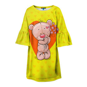 Детское платье 3D с принтом Мишка с цветочками в Тюмени, 100% полиэстер | прямой силуэт, чуть расширенный к низу. Круглая горловина, на рукавах — воланы | 8марта | весна | девушкам | милый | мишка | подарок | цветок
