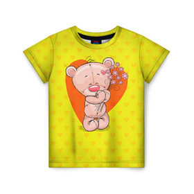 Детская футболка 3D с принтом Мишка с цветочками в Тюмени, 100% гипоаллергенный полиэфир | прямой крой, круглый вырез горловины, длина до линии бедер, чуть спущенное плечо, ткань немного тянется | 8марта | весна | девушкам | милый | мишка | подарок | цветок