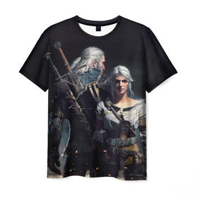 Мужская футболка 3D с принтом Geralt and Ciri в Тюмени, 100% полиэфир | прямой крой, круглый вырез горловины, длина до линии бедер | ciri | gerald | roach | wild hunt | witcher | ведьмак | ведьмы | геральд | дикая охота | йен | йеннифер | плотва | цири