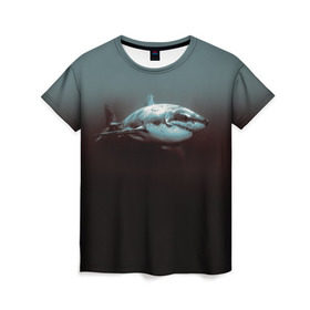 Женская футболка 3D с принтом Акула в Тюмени, 100% полиэфир ( синтетическое хлопкоподобное полотно) | прямой крой, круглый вырез горловины, длина до линии бедер | акула | море | хищник