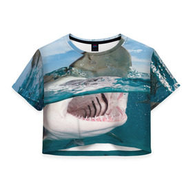 Женская футболка 3D укороченная с принтом Хищная акула в Тюмени, 100% полиэстер | круглая горловина, длина футболки до линии талии, рукава с отворотами | акула | море | океан | природа | хищник