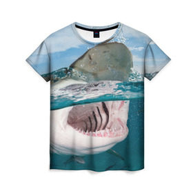 Женская футболка 3D с принтом Хищная акула в Тюмени, 100% полиэфир ( синтетическое хлопкоподобное полотно) | прямой крой, круглый вырез горловины, длина до линии бедер | акула | море | океан | природа | хищник