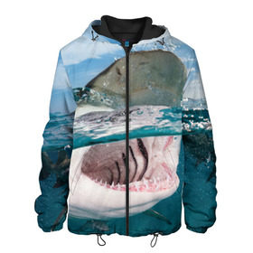 Мужская куртка 3D с принтом Хищная акула в Тюмени, ткань верха — 100% полиэстер, подклад — флис | прямой крой, подол и капюшон оформлены резинкой с фиксаторами, два кармана без застежек по бокам, один большой потайной карман на груди. Карман на груди застегивается на липучку | Тематика изображения на принте: акула | море | океан | природа | хищник